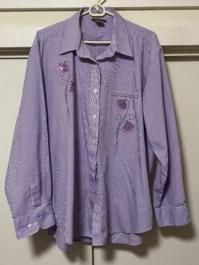 Las Olas, purple & white stripe, embellished button-down shirt, size XL
